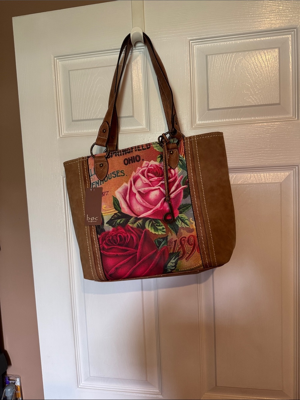 b.o.c. Pink and Red Rose Canvas Tote with Brown Suede Trim